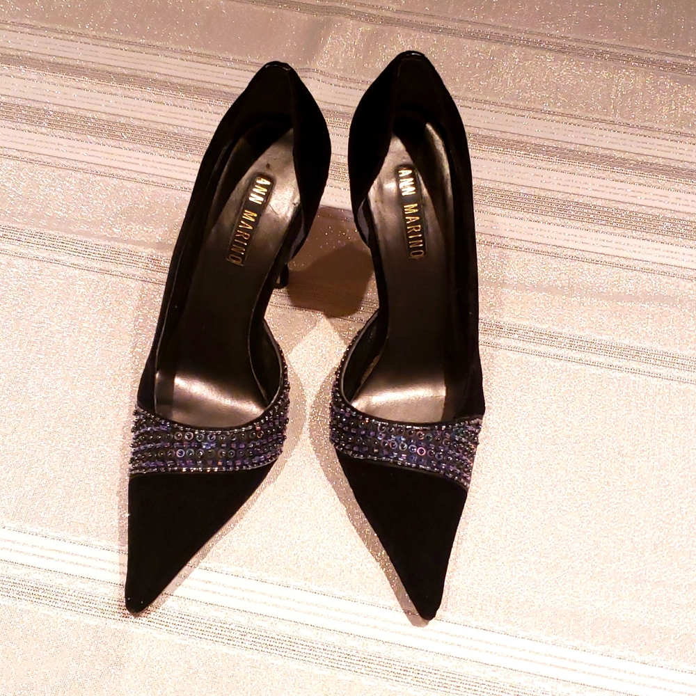 Ann Marino D'Orsay Embellished Stiletto Heel Velour Pump Shoe Party Special Sexy